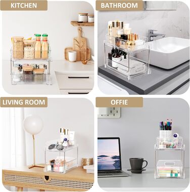 Cinnani 2 Pack 2-Tier Under Sink Shelf, Kitchen Cabinet, Refrigerator, Under Cabinet Organizer, Multifunctional Acrylic with Sliding Drawer Kitchen Shelf for Food Storage Containers, Spice Rack, Cosmetics
