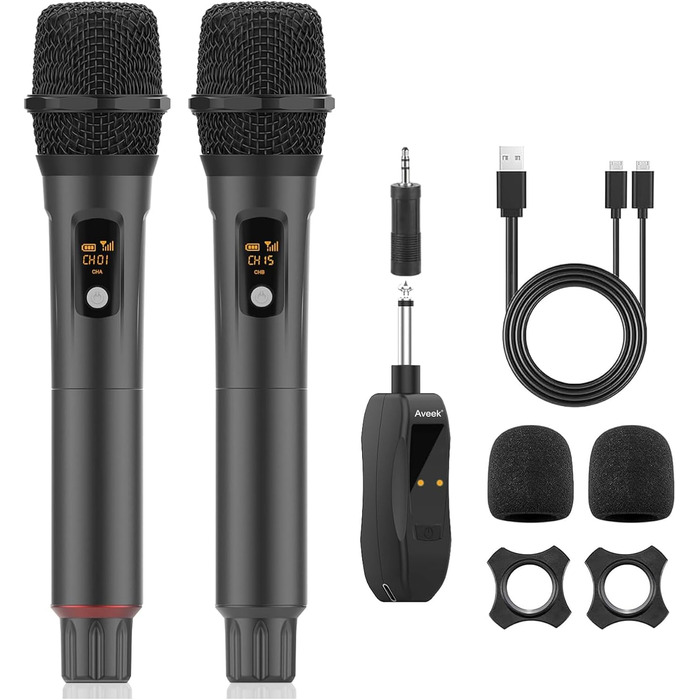 Aveek Караоке Мікрофон Бездротовий Набір, 2 шт. (2.4GHz, 6.35/3.5mm, з перезаряджаним приймачем)