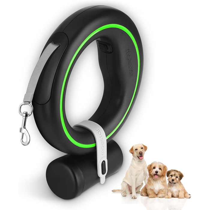 Висувна собача шлейка Hände Frei, 360° без перекручування, з тримачем для пакетів, 3м, для середніх та маленьких собак (Чорний/Зелений)