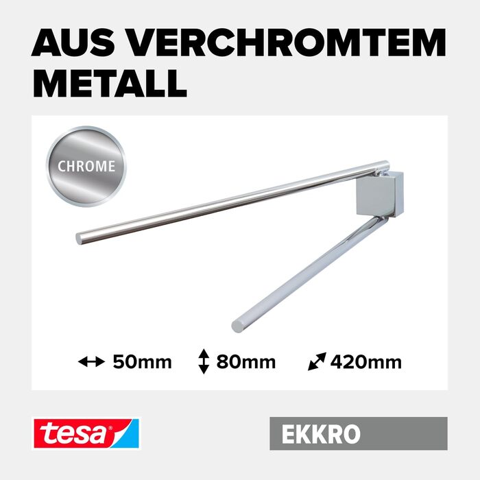 tesa EKKRO Bad Handtuchhalter, 2-arm and swivel, chrome - for wall mounting without drilling, incl. adhesive solution - 428 mm x 50 mm x 87 mm