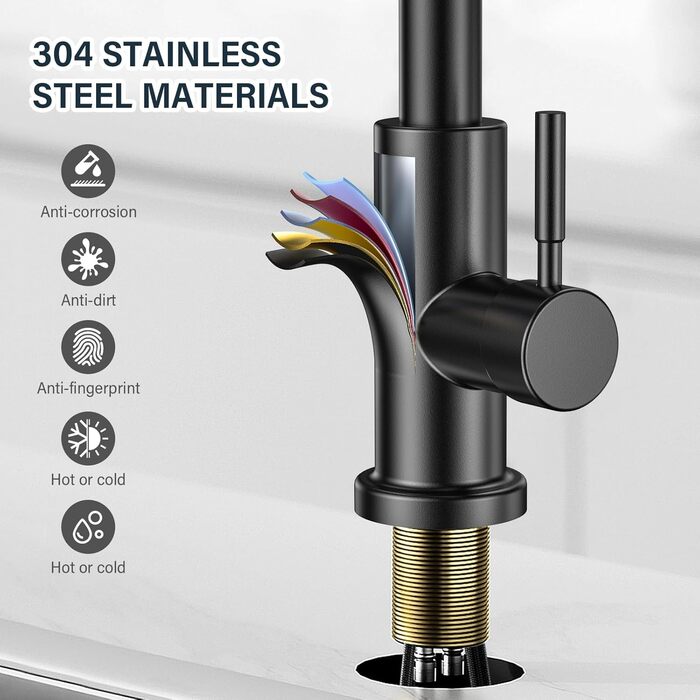 Чорний кухонний змішувач з висувною лійкою, 360° поворот, нержавіюча сталь, гаряча/холодна вода, G3/8'', 2 режими струменя