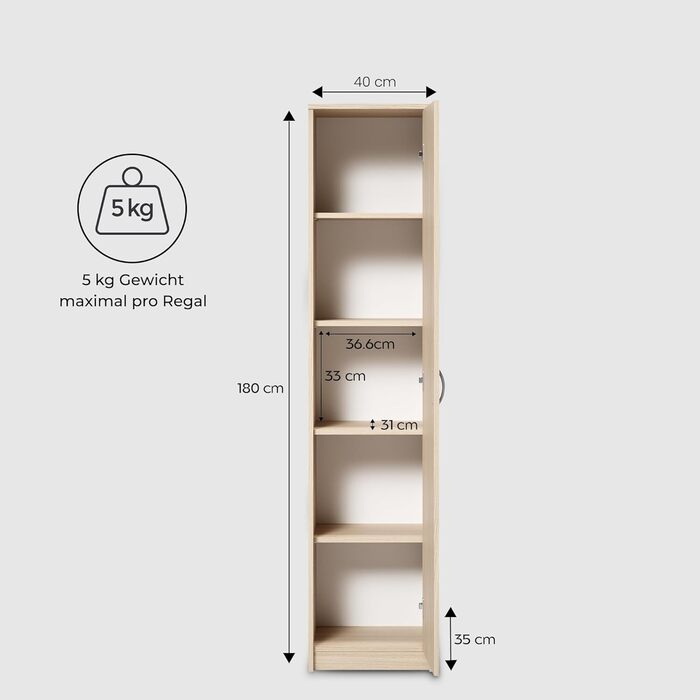 Bookshelf Wardrobe Shelf White 40cm wide 180cm high Cabinet Organizer Multi-purpose Cabinet with 4 adjustable shelves Filing cabinet Shelf Wall narrow Wood for bedroom Hallway Basement Office (Natural)