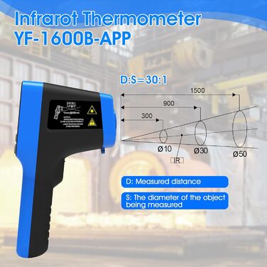 Інфрачервоний термометр 30:1 з лазером та APP, IR термометр -50℃-1600℃, 8-14μm, безконтактний, Max/Min/Avg/DIF, 1600B-APP