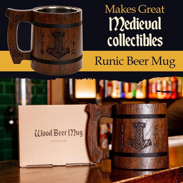Дерев'яний кубок Wikinger 0.6 л з дуба, коричневий - середньовічний кубок для пива, кружка, глечик з гравіюванням молота Тора, рунами. Ідеальний подарунок для любителів пива, дерев'яний кубок, Валентин, подарунок для чоловіків, ретро, коричневий