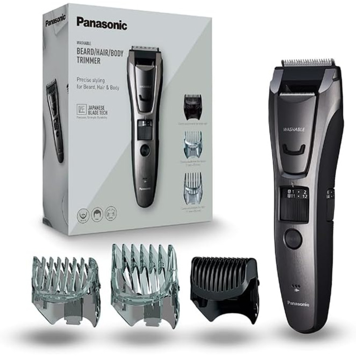 Триммер Panasonic ER-GB80-H503 для чоловіків: борода, волосся, тіло, акумуляторний, водонепроникний, 39 налаштувань, 3 насадки, сріблястий