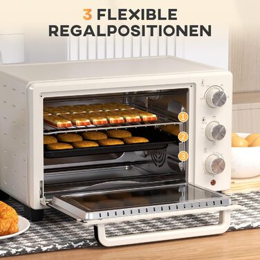 Міні-піч HOMCOM 21 л, 1400 Вт, 100-230°C, таймер, крихтосховище, деко, решітка-гриль, вікно, для піци, кремово-білий