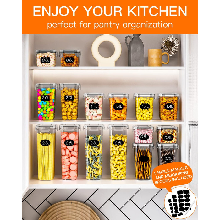 Набір контейнерів для зберігання продуктів Vorratsdosen 16 шт. з кришкою, набір для кухні, герметичні контейнери для спагеті, борошна, мюслі