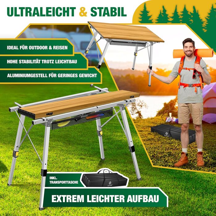 Складний кемпінговий стіл KESSER® 120x70 см з алюмінієвим каркасом та дерев'яною текстурою, до 100 кг, з сумкою для транспортування