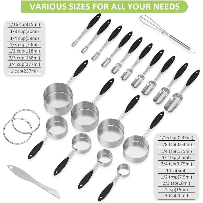 Measuring cups and spoons – Wildone stainless steel 20-piece stackable set, includes 8 black measuring cups, 10 measuring spoons, 1 leveler, and 1 whisk, for dry and liquid ingredients