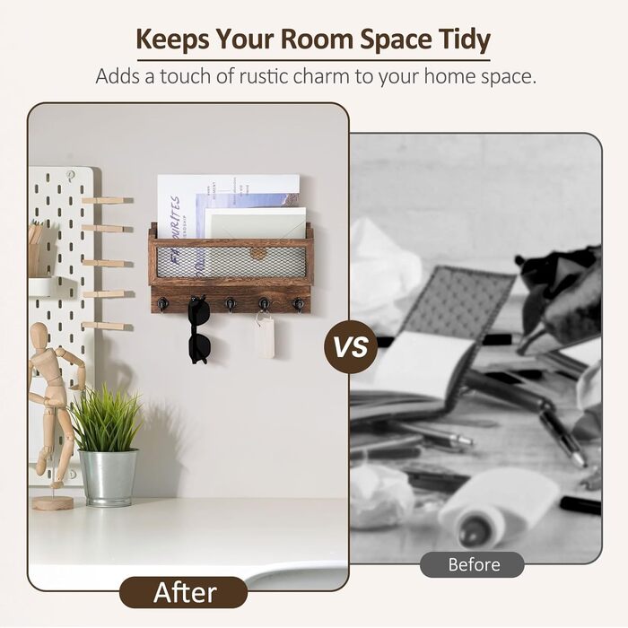 Держатель для ключей и корреспонденции Nekon на стену, 28 см, дерево, 5 крючков, полка для прихожей