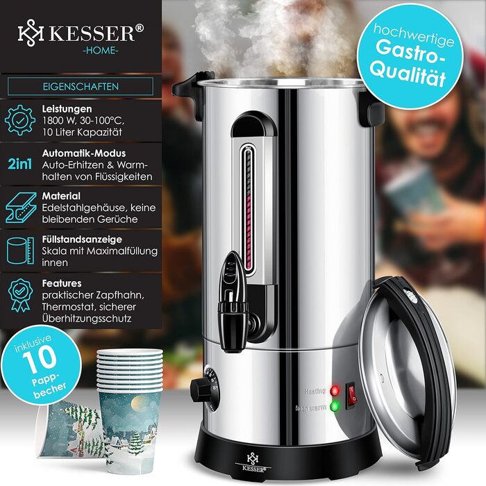 KESSER® 10L Stainless Steel Mulled Wine Warmer. Includes 10 Cups. Mulled Wine Cooker with Thermostat, Mulled Wine Dispenser, Hot Beverage Dispenser, Kettle, Hot Water Dispenser, Canning Device, Level Indicator, Tap.