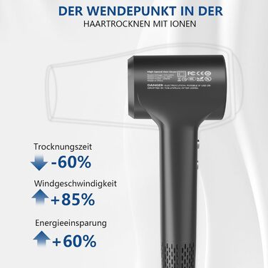Föhn Ionen Supersonic Hair Dryer: 200 Million Negative Ion Hair Dryer with Quiet, Fast 110,000 RPM Motor, 57dB, Intelligent Thermostat for Travel - Dark Gray