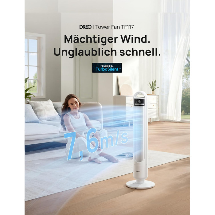 Дрео - тихий торшевий вентилятор 23dB з пультом керування, 4 швидкості, 3 режими, осциляція 90°, таймер 8H, для спальні та вітальні