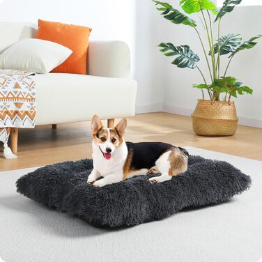Dog Bed, Fluffy Dog Mats, Longer Plush Dog Cushion, Washable, Non-Slip Bottom, 110 cm for Medium and Large Dogs, (L 90 x W 60 x H 10 cm, Dark Grey)