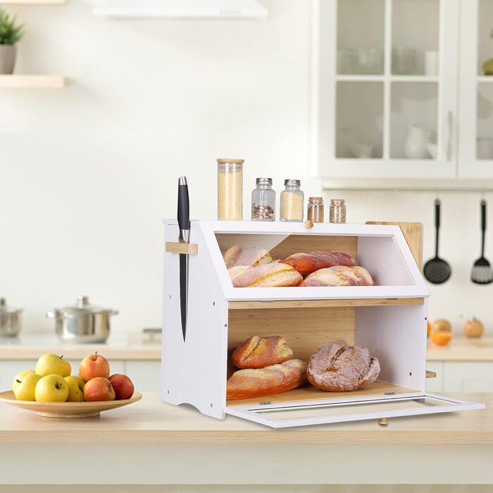 Leader Accessories Бамбуковий хлібний ящик з 2 ярусами, з дощечкою для нарізання, харчовий, легкий у догляді, 50x25x37 см, білий