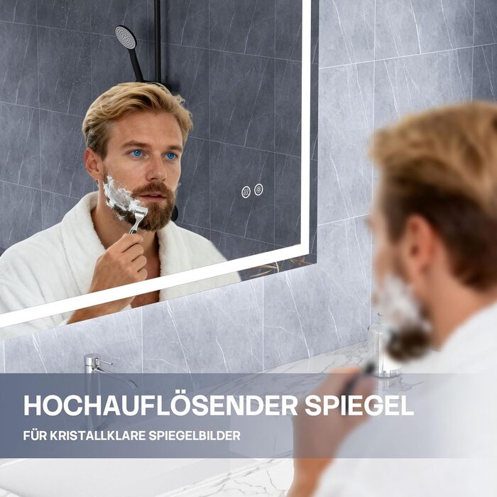 Дзеркало для ванної кімнати HySail з підсвічуванням, 5 мм, висока роздільна здатність, срібне покриття, 3 колірні температури та регульована яскравість, настінне дзеркало з сенсорним вимикачем та функцією проти запотівання (3 кольори + регулювання яскраво