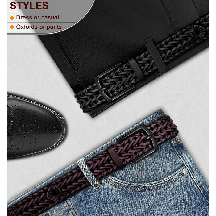 Чоловічі шкіряні ремені BULLIANT (2 шт. в наборі), плетіння, ширина 3,5 см, регульована довжина 120 см (також підійдуть для розміру 36-40), чорний/вишневий