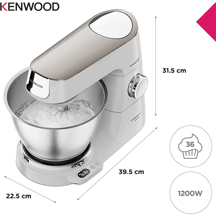 Кухонна машина Kenwood Titanium Chef Baker KVC65.001WH з вбудованими вагами, 1200 Вт, 3 насадки для кондитерських виробів, лопатка та захист від бризок, біла
