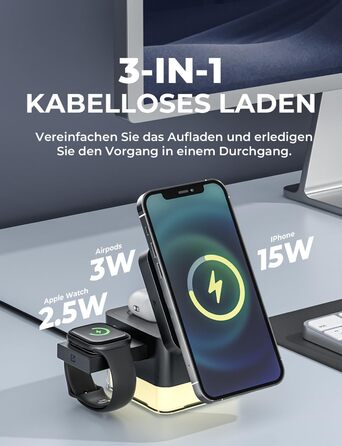 Зарядна станція 3-в-1 Apple Watch та iPhone, бездротовий зарядний пристрій для iPhone 16/15/14/13/12 Pro Max/Pro/Plus, Apple Watch, AirPods. З нічником сенсорним для спальні, вітальні, офісу 10.5*13.8*7.5см