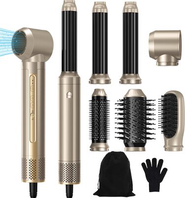 Набір для укладки волосся 6 в 1: стайлер, фен-щітка, плойка, термощітка, випрямляч, 110000 об/хв, для всіх типів волосся, золото