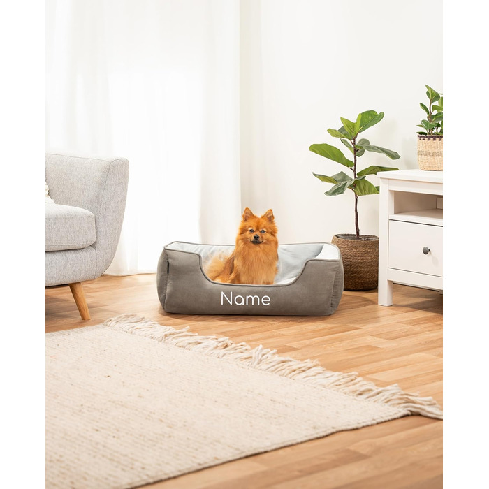 Ліжко для собак Lionto 2-в-1 з комфортним входом, м'яке лежання для домашніх тварин, підходить для собак та котів, 80x60 см, подушка для собак з легкою у догляді оксамитовою обробкою, сірий колір (Д 80 x Ш 60 x В 26 см (з нанесенням імені), Темно-сірий/Св
