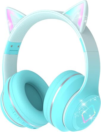 Бездротові навушники Bluetooth для дітей з LED-підсвіткою, котячими вушками та мікрофоном, HD стерео звук, складні, регульоване наголов'я, для дівчаток, PC/Tablet/навчання/школу (зелені)