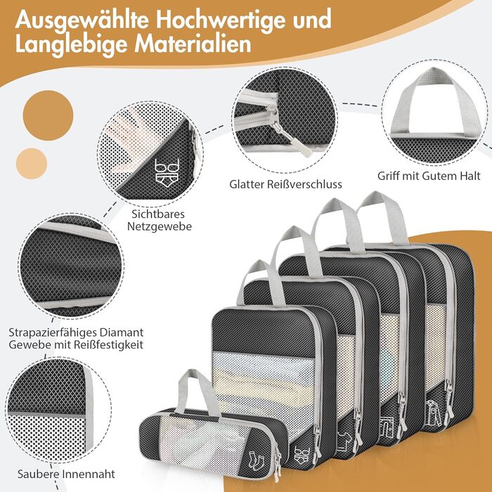 Органайзер для валізи, набір Packing Cubes (9 шт.) з компресією та чохлом для взуття, водонепроникні, дихаючі, сірі (чорні)