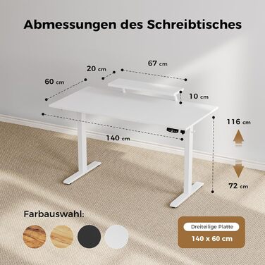 Електричний регульований стіл Agilestic 140x60 см з моніторним кріпленням, 2 пам'яті, 3-секційна стільниця, для дому та офісу, білий