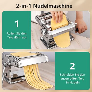 Manual Pasta Machine, Stainless Steel Pastamaker with Two Widths, Stainless Steel Roller and Cutter with 7 Adjustable Settings for Noodles, Spaghetti, Fettuccine, Lasagna