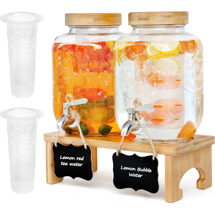 Скляний диспенсер для напоїв на підставці 2x4L з нержавіючою сталею, з краном для соків, води, домашніх напоїв, вечірок та свят