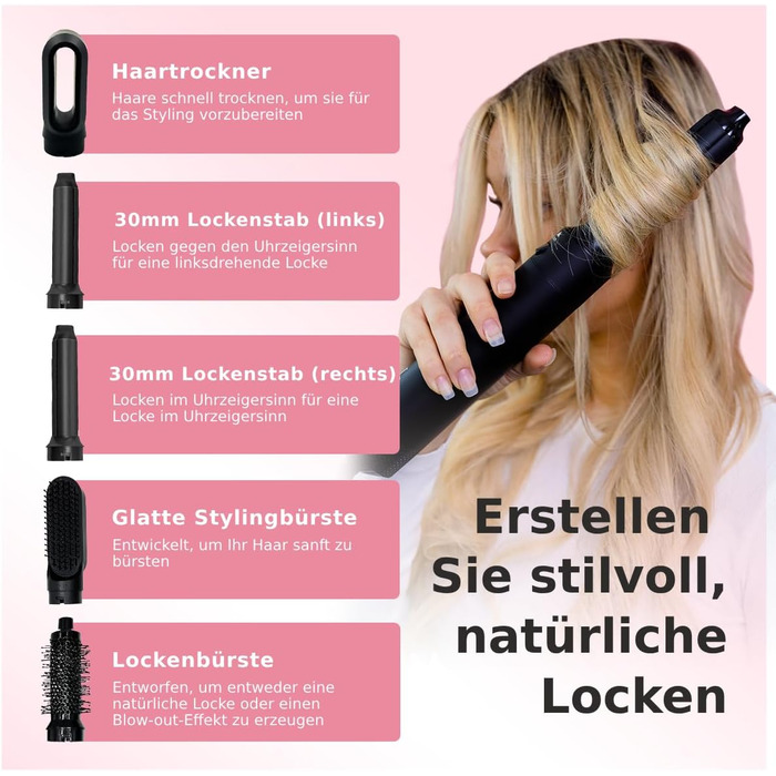 Набір для укладки волосся 5 в 1 Warmluftbürste: фен-щітка, локонова насадка, 3 температурні режими, Auto-Wrap, негативні іони, 1000 Вт, захист від пошкодження волосся (білий/чорний)
