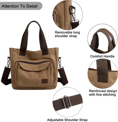 Сумка жіноча Canvas Hobo через плече, повсякденна крос-боді сумка-тоут для пляжу, багатофункціональна сумка з відділеннями, вінтажна сумка для роботи, подорожей, університету (Коричнева)