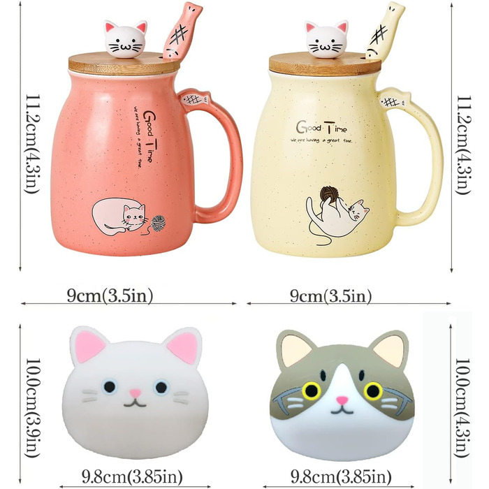 SHENDONG 2-Pack Cat Cups Cute Ceramic Coffee Mugs Set of 2 with Bamboo Lid and Spoon Novelty Morning Cup Coffee-Milk Tea Cups 3D Animal Cat Cups for Cat Lovers Gifts