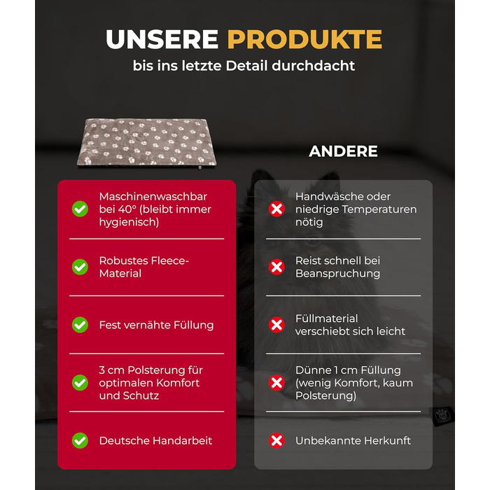 Килимок для собак XS (45x65 см) – неслизький та затишний з 3 см наповнювачем – ідеально для дивану, авто та переноски – Made in Germany (65 x 95 см, Tatze Beige)