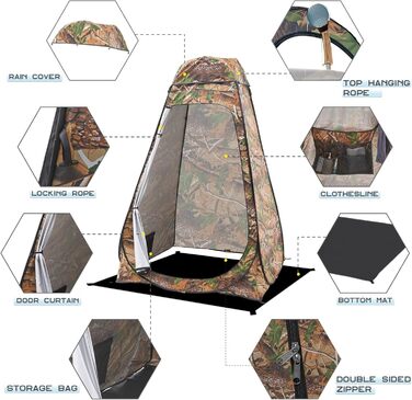 Brian & Dany Pop Up Camping Shower Tent - Portable Changing Tent with Rain Protection & Windows - Outdoor Privacy Shelter, UPF 50+ Waterproof, 120x120x190cm Camo Green