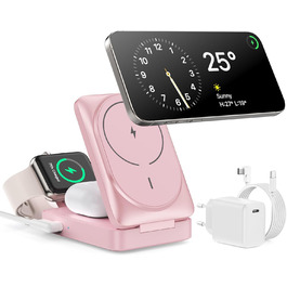3-в-1 Бездротовий зарядний пристрій, індукційна станція Qi2, MagSafe, для iPhone 16/15/14/13/12, Apple Watch, AirPods, білий (рожевий)