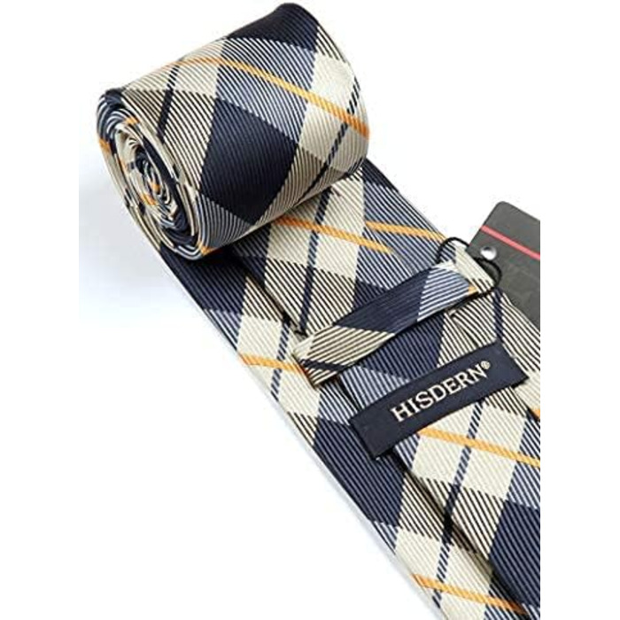 HISDERN Комплект краватки та нагрудного хустинки для чоловіків: коричневий та темно-синій (довга краватка)