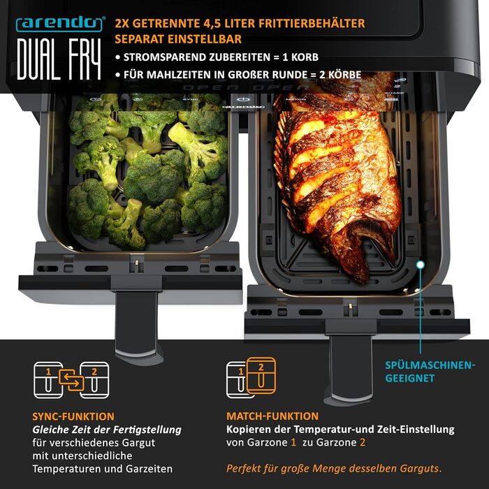 Фритюрниця Arendo Dual Zone 9L з 2 камерами - Airfryer з сенсорним екраном та 3D циркуляцією повітря