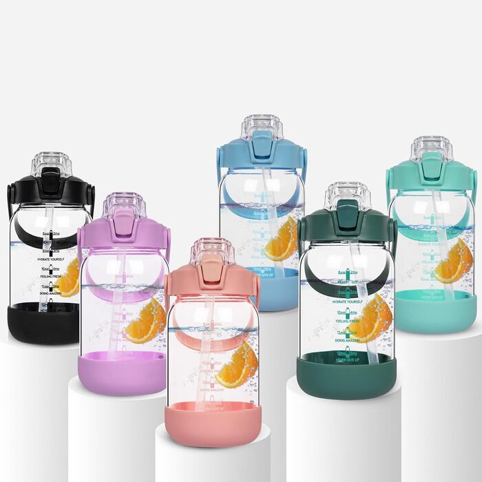 2l Glass Bottle | Drinking Bottle Glass with Straw & Time Marker, Leak-Proof 2 liter Large Glass Water Bottle for Smoothies, Carbonated Drinks Suitable, Dishwasher Safe (Light Green, 1000 ml)