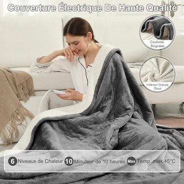 Електрична ковдра COZYTY 150x200 см з таймером та захистом від перегріву, фланель, 6 режимів нагріву, сіра