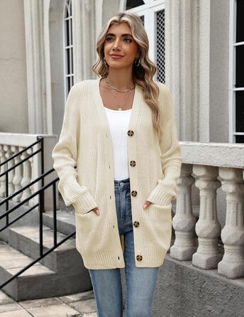 Жіночий в'язаний кардиган Zeagoo з довгим рукавом, вільний крій, V-подібний виріз, грубий в'язання, бежевий колір, для осені та зими