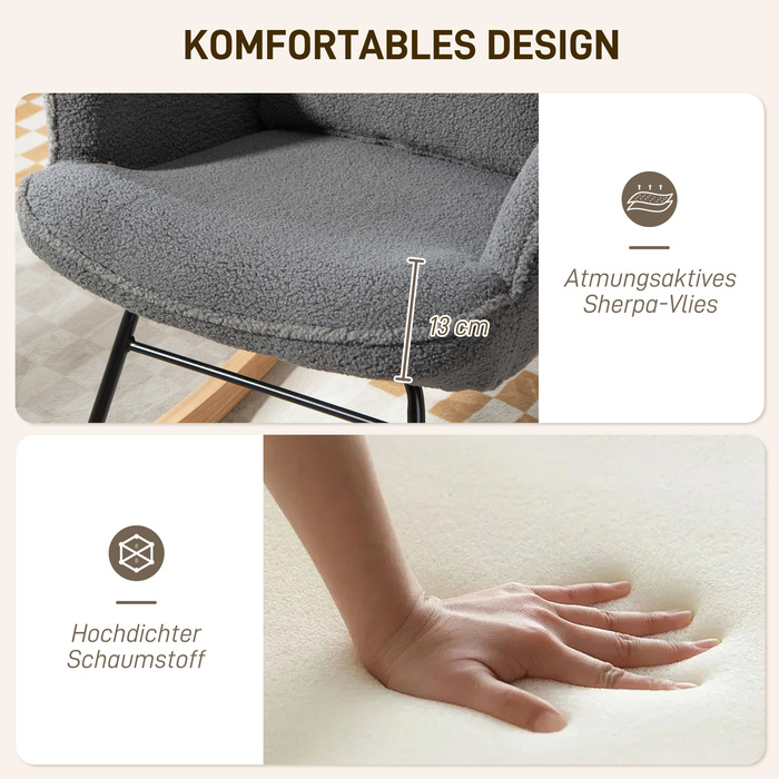 HOMCOM Rocking Chair with Ottoman, Soft Fleece Upholstery, Wooden Legs, Cushion, High Back, Rocker, Dark Grey