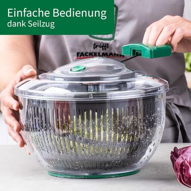 Салатниця-центрифуга Fackelmann Chefkoch з мотузковим приводом та стоп-кнопкою – для миття, сушіння та подачі салату. Зручний мотузковий привід та знімне сито