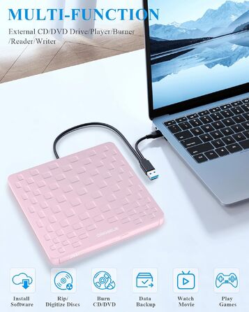 Зовнішній DVD-привід ORIGBELIE: CD/DVD-бредер з 4 USB та 2 TF/SD слотами, ультратонкий оптичний накопичувач для ноутбука, PC, Mac, Windows 11/10/8/7, Linux