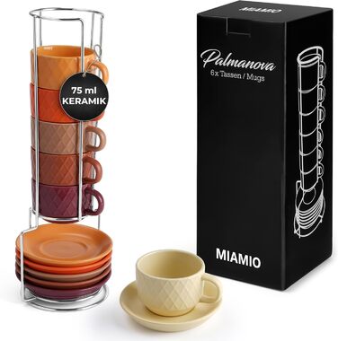 MIAMI – 6 x 75 ml Espresso Cups/Espresso Cup Set with Stand Stoneware Ceramic - Palmanova Collection (Magma)