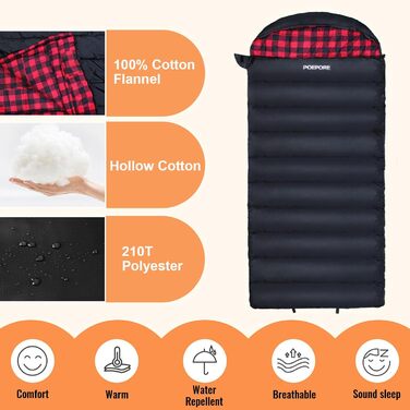 Спальний мішок Poepore Outdoor Winter для дорослих, Extra Wide, 3-4 сезони, XXL, теплий, бавовна, фланель, для кемпінгу, походів, пригод, 230*100 см, 0°C (Червоний, -6°C)