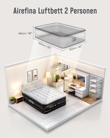 Надувне ліжко Airefina на 2 особи з самонадувною системою та вбудованим насосом, для кемпінгу та дому, міцне гостьове ліжко 203 x 152 x 46 см