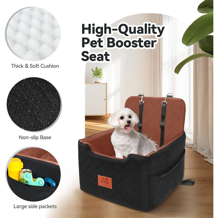 Автокрісло для собак маленьких та середніх порід (до 15 кг), знімний, миючий, з 2 ременями безпеки. Чорний/Коричневий колір, універсальний розмір