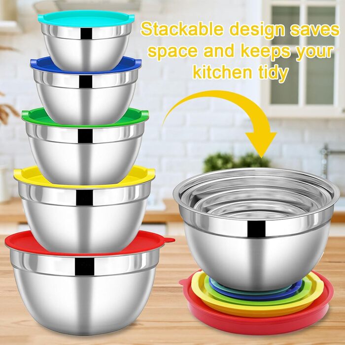 Набір місок з нержавіючої сталі 5 шт. з кришками – 4.5L/2.7L/1.6L/1.1L/0.7L – з 3 тертками, неслизькі та стіклі, придатні для миття в посудомийній машині для кухні та випічки