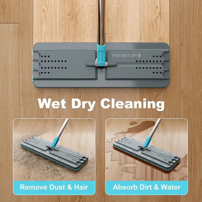 Набір для миття підлоги JOYMOOP з віджимом, моп для підлоги, набір для миття стін з довгим руків'ям, 6 мікрофібрових насадок - сірий + блакитний відро #2124 + плоский моп 60' + 6 мікрофібрових насадок